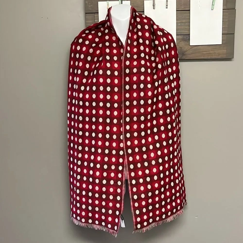 Talbots Women’s Red Cream Polka Dot Wool Blend Fashion Scarf Fringe 75”, 17.5”